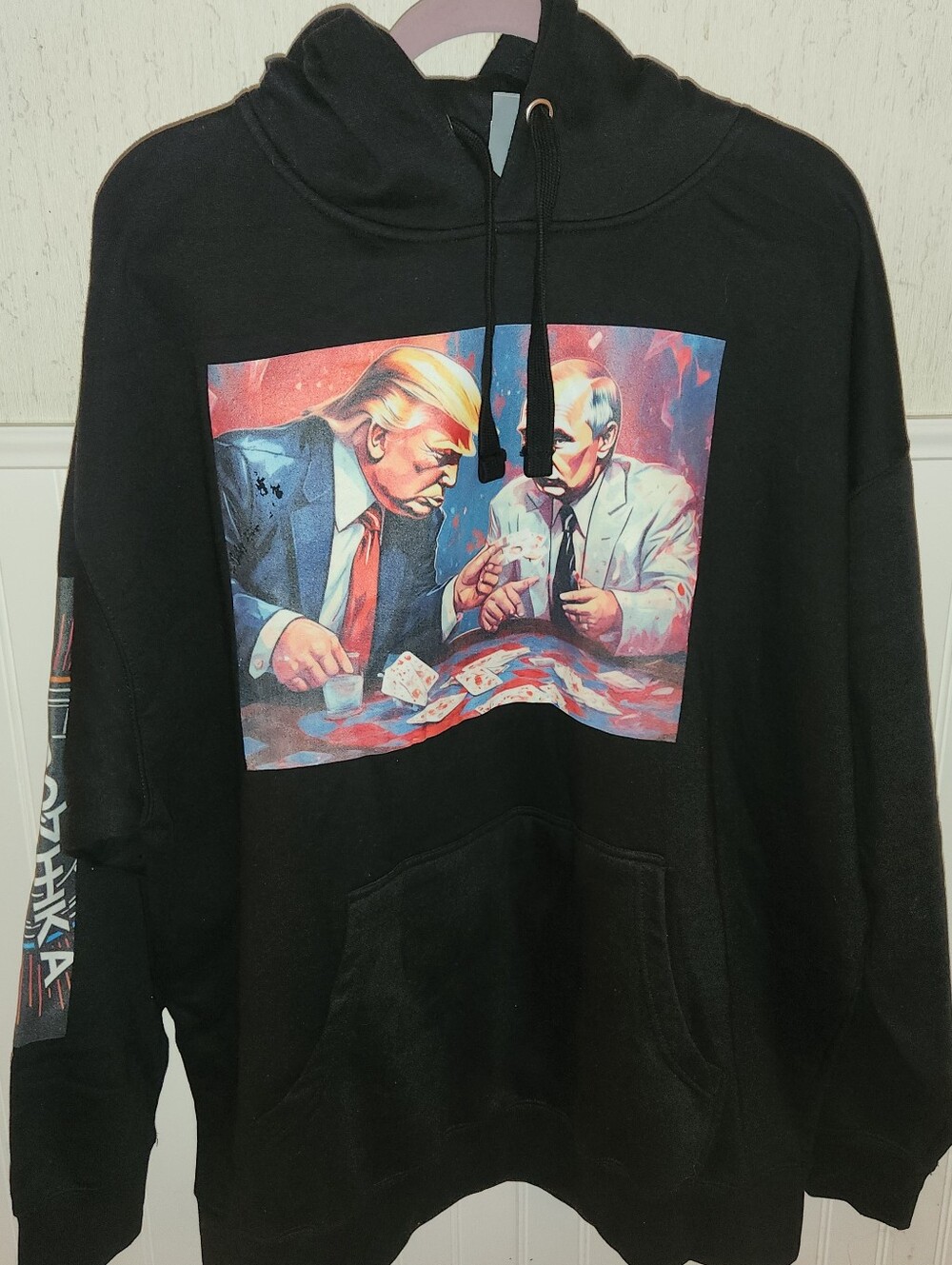 Source Unknown Black Pullover Hoodie with Colorful Political Illustration Siz3X